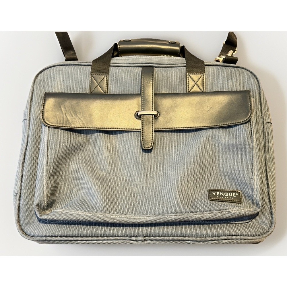 Venque Toronto Briefcase Laptop Messenger Bag Gray Quanta Fabric Leather Trim